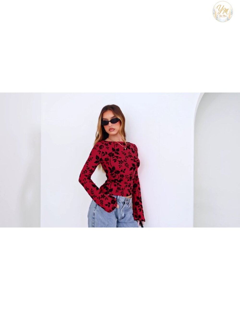 Women's Floral Mesh Boho Bell Sleeve Blouse Boat Neck Ruched Top - Picture 6 of 6